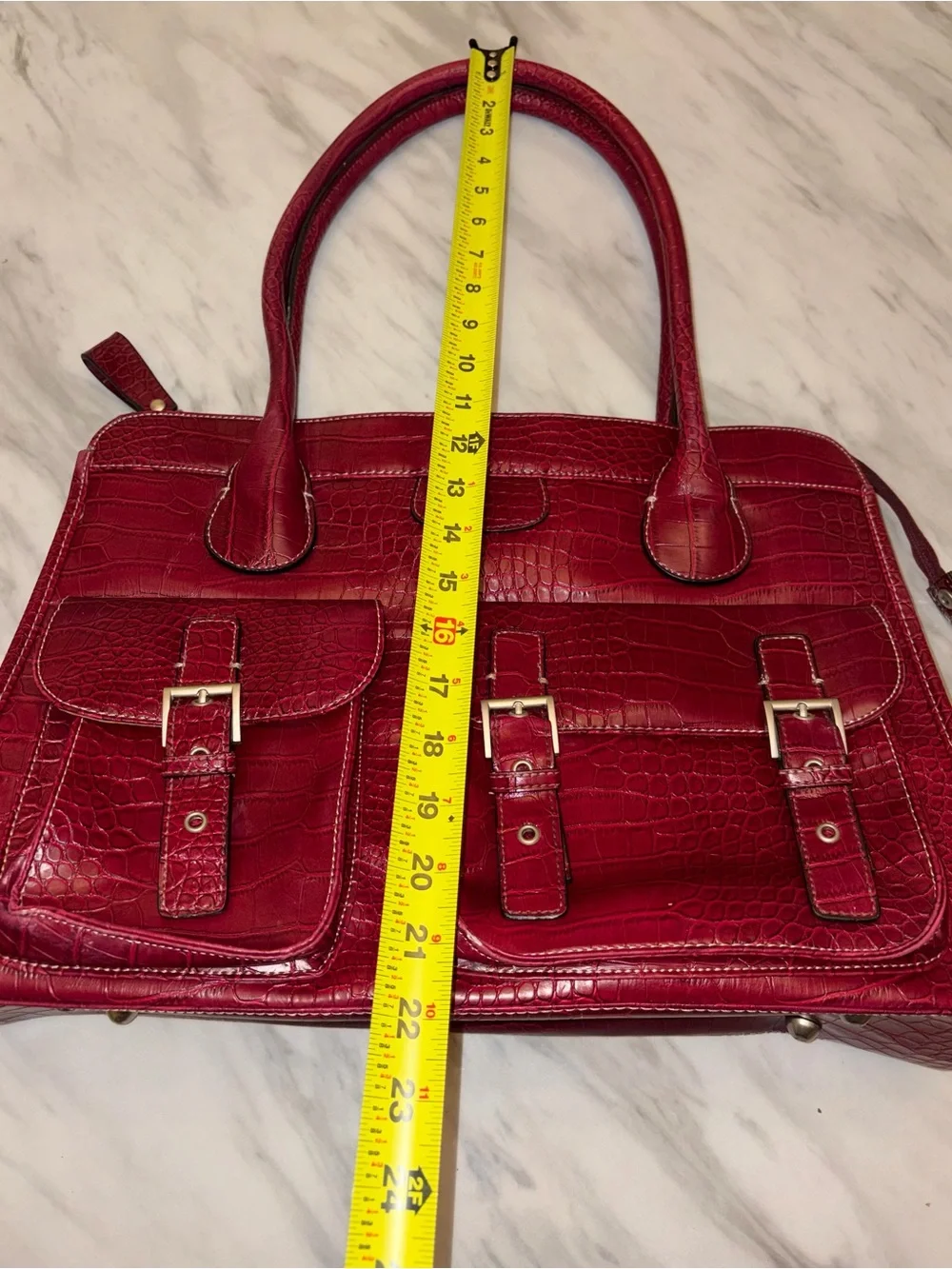 Red Croc Embossed Satchel Handbag 3 Buckle Pockets Structured Tote